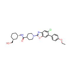 CCOc1ccc(-c2cc3oc(N4CCC(C(=O)N[C@H]5CCC[C@H](CO)C5)CC4)nc3cc2Cl)cc1 ZINC000096271070