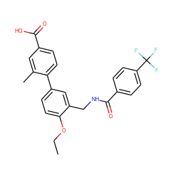 CCOc1ccc(-c2ccc(C(=O)O)cc2C)cc1CNC(=O)c1ccc(C(F)(F)F)cc1 ZINC000096914306