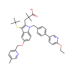CCOc1ccc(-c2ccc(Cn3c(CC(C)(C)C(=O)O)c(SC(C)(C)C)c4cc(OCc5ccc(C)cn5)ccc43)cc2)cn1 ZINC000068247071