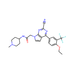 CCOc1ccc(-c2nc(C#N)nc3c2ccn3CC(=O)NC2CCN(C)CC2)cc1C(F)(F)F ZINC001772629558