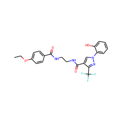 CCOc1ccc(C(=O)NCCNC(=O)c2cn(-c3ccccc3O)nc2C(F)(F)F)cc1 ZINC000049068192