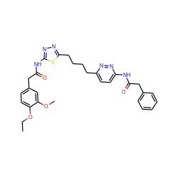 CCOc1ccc(CC(=O)Nc2nnc(CCCCc3ccc(NC(=O)Cc4ccccc4)nn3)s2)cc1OC ZINC000169698463