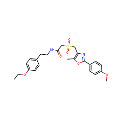 CCOc1ccc(CCNC(=O)CS(=O)(=O)Cc2nc(-c3ccc(OC)cc3)oc2C)cc1 ZINC000008597838