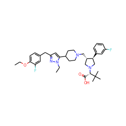 CCOc1ccc(Cc2cc(C3CCN(C[C@H]4CN([C@@H](C(=O)O)C(C)(C)C)C[C@@H]4c4cccc(F)c4)CC3)n(CC)n2)cc1F ZINC000096302085