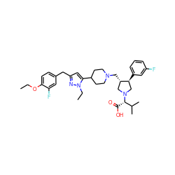 CCOc1ccc(Cc2cc(C3CCN(C[C@H]4CN([C@@H](C(=O)O)C(C)C)C[C@@H]4c4cccc(F)c4)CC3)n(CC)n2)cc1F ZINC000028096648