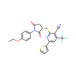 CCOc1ccc(N2C(=O)C[C@H](Sc3nc(-c4cccs4)cc(C(F)(F)F)c3C#N)C2=O)cc1 ZINC000008412427