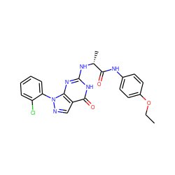 CCOc1ccc(NC(=O)[C@@H](C)Nc2nc3c(cnn3-c3ccccc3Cl)c(=O)[nH]2)cc1 ZINC000095572740