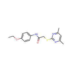 CCOc1ccc(NC(=O)CSc2nc(C)cc(C)n2)cc1 ZINC000000251175