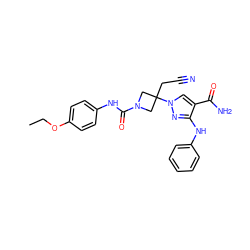 CCOc1ccc(NC(=O)N2CC(CC#N)(n3cc(C(N)=O)c(Nc4ccccc4)n3)C2)cc1 ZINC000219331144