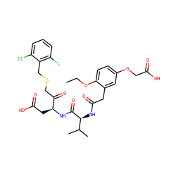 CCOc1ccc(OCC(=O)O)cc1CC(=O)N[C@H](C(=O)N[C@@H](CC(=O)O)C(=O)CSCc1c(F)cccc1Cl)C(C)C ZINC000003993753