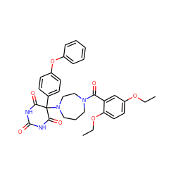 CCOc1ccc(OCC)c(C(=O)N2CCCN(C3(c4ccc(Oc5ccccc5)cc4)C(=O)NC(=O)NC3=O)CC2)c1 ZINC000072107427