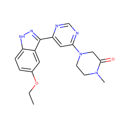 CCOc1ccc2[nH]nc(-c3cc(N4CCN(C)C(=O)C4)ncn3)c2c1 ZINC000221342214