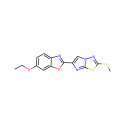 CCOc1ccc2nc(-c3cn4nc(SC)sc4n3)oc2c1 ZINC000653670164