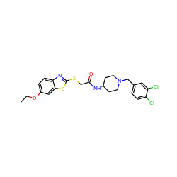 CCOc1ccc2nc(SCC(=O)NC3CCN(Cc4ccc(Cl)c(Cl)c4)CC3)sc2c1 ZINC000028232576