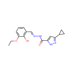 CCOc1cccc(/C=N/NC(=O)c2cc(C3CC3)n[nH]2)c1O ZINC000009009204