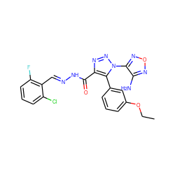 CCOc1cccc(-c2c(C(=O)N/N=C/c3c(F)cccc3Cl)nnn2-c2nonc2N)c1 ZINC000009345884