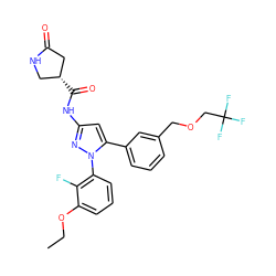 CCOc1cccc(-n2nc(NC(=O)[C@@H]3CNC(=O)C3)cc2-c2cccc(COCC(F)(F)F)c2)c1F ZINC000169707388