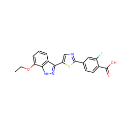 CCOc1cccc2c(-c3cnc(-c4ccc(C(=O)O)c(F)c4)s3)n[nH]c12 ZINC000653793982