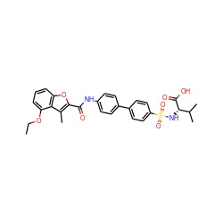 CCOc1cccc2oc(C(=O)Nc3ccc(-c4ccc(S(=O)(=O)N[C@H](C(=O)O)C(C)C)cc4)cc3)c(C)c12 ZINC000043011260