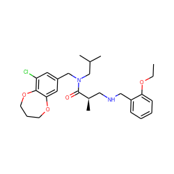 CCOc1ccccc1CNC[C@@H](C)C(=O)N(Cc1cc(Cl)c2c(c1)OCCCO2)CC(C)C ZINC000148600663