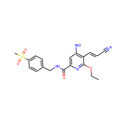 CCOc1nc(C(=O)NCc2ccc(S(C)(=O)=O)cc2)cc(N)c1/C=C/C#N ZINC000038145072