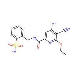 CCOc1nc(C(=O)NCc2ccccc2S(N)(=O)=O)cc(N)c1C#N ZINC000014959984