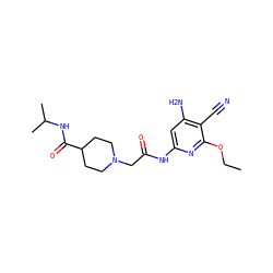 CCOc1nc(NC(=O)CN2CCC(C(=O)NC(C)C)CC2)cc(N)c1C#N ZINC000014960129