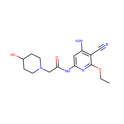 CCOc1nc(NC(=O)CN2CCC(O)CC2)cc(N)c1C#N ZINC000014960121