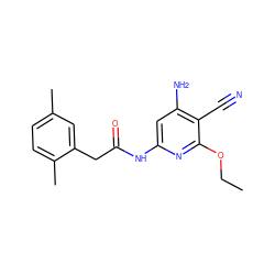 CCOc1nc(NC(=O)Cc2cc(C)ccc2C)cc(N)c1C#N ZINC000014960066