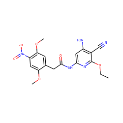 CCOc1nc(NC(=O)Cc2cc(OC)c([N+](=O)[O-])cc2OC)cc(N)c1C#N ZINC000014960084