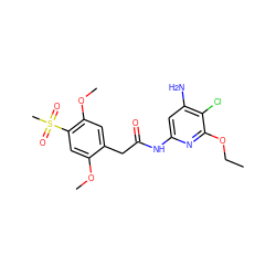 CCOc1nc(NC(=O)Cc2cc(OC)c(S(C)(=O)=O)cc2OC)cc(N)c1Cl ZINC000014960220