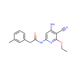 CCOc1nc(NC(=O)Cc2cccc(C)c2)cc(N)c1C#N ZINC000014960048