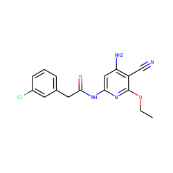 CCOc1nc(NC(=O)Cc2cccc(Cl)c2)cc(N)c1C#N ZINC000014960036