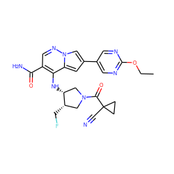 CCOc1ncc(-c2cc3c(N[C@@H]4CN(C(=O)C5(C#N)CC5)C[C@@H]4CF)c(C(N)=O)cnn3c2)cn1 ZINC000261154302