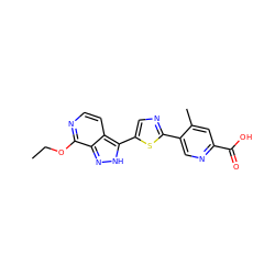 CCOc1nccc2c(-c3cnc(-c4cnc(C(=O)O)cc4C)s3)[nH]nc12 ZINC000653787440