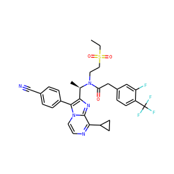 CCS(=O)(=O)CCN(C(=O)Cc1ccc(C(F)(F)F)c(F)c1)[C@H](C)c1nc2c(C3CC3)nccn2c1-c1ccc(C#N)cc1 ZINC000049694711