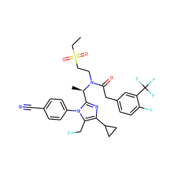 CCS(=O)(=O)CCN(C(=O)Cc1ccc(F)c(C(F)(F)F)c1)[C@H](C)c1nc(C2CC2)c(CF)n1-c1ccc(C#N)cc1 ZINC000029129120