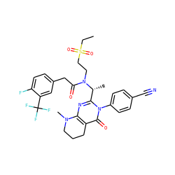 CCS(=O)(=O)CCN(C(=O)Cc1ccc(F)c(C(F)(F)F)c1)[C@H](C)c1nc2c(c(=O)n1-c1ccc(C#N)cc1)CCCN2C ZINC000029038862