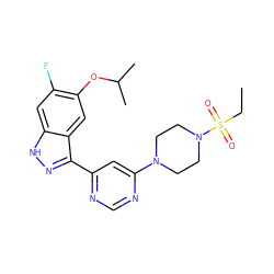 CCS(=O)(=O)N1CCN(c2cc(-c3n[nH]c4cc(F)c(OC(C)C)cc34)ncn2)CC1 ZINC000225556752