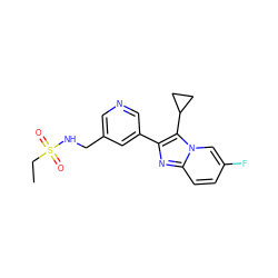 CCS(=O)(=O)NCc1cncc(-c2nc3ccc(F)cn3c2C2CC2)c1 ZINC000204970204