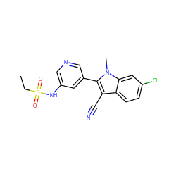 CCS(=O)(=O)Nc1cncc(-c2c(C#N)c3ccc(Cl)cc3n2C)c1 ZINC000116648403