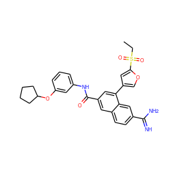 CCS(=O)(=O)c1cc(-c2cc(C(=O)Nc3cccc(OC4CCCC4)c3)cc3ccc(C(=N)N)cc23)co1 ZINC000026826683