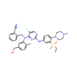 CCS(=O)(=O)c1cc(Nc2ncc(F)c(N(Cc3ccccc3C#N)c3cc(CO)ccc3C)n2)ccc1N1CCN(C)CC1 ZINC000725343291