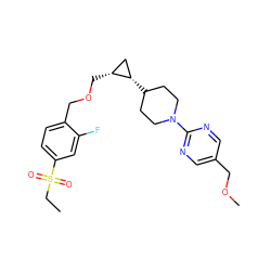 CCS(=O)(=O)c1ccc(COC[C@@H]2C[C@@H]2C2CCN(c3ncc(COC)cn3)CC2)c(F)c1 ZINC000144789976