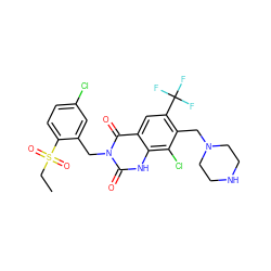 CCS(=O)(=O)c1ccc(Cl)cc1Cn1c(=O)[nH]c2c(Cl)c(CN3CCNCC3)c(C(F)(F)F)cc2c1=O ZINC000205401182