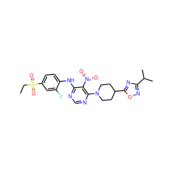 CCS(=O)(=O)c1ccc(Nc2ncnc(N3CCC(c4nc(C(C)C)no4)CC3)c2[N+](=O)[O-])c(F)c1 ZINC000040392675