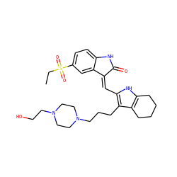 CCS(=O)(=O)c1ccc2c(c1)/C(=C/c1[nH]c3c(c1CCCN1CCN(CCO)CC1)CCCC3)C(=O)N2 ZINC000022932333