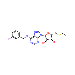 CCSC[C@H]1O[C@@H](n2cnc3c(NCc4cccc(I)c4)ncnc32)[C@H](O)[C@@H]1O ZINC000049767359