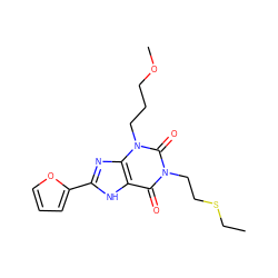 CCSCCn1c(=O)c2[nH]c(-c3ccco3)nc2n(CCCOC)c1=O ZINC000043020373