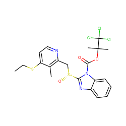 CCSc1ccnc(C[S@@+]([O-])c2nc3ccccc3n2C(=O)OC(C)(C)C(Cl)(Cl)Cl)c1C ZINC000026005345